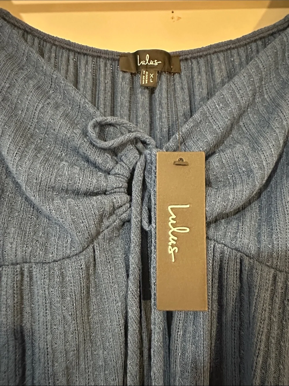 NWT Lulus Blue Ribbed Crop Top XL Tie Front Long Sleeve Peplum Blouse - Picture 5 of 5